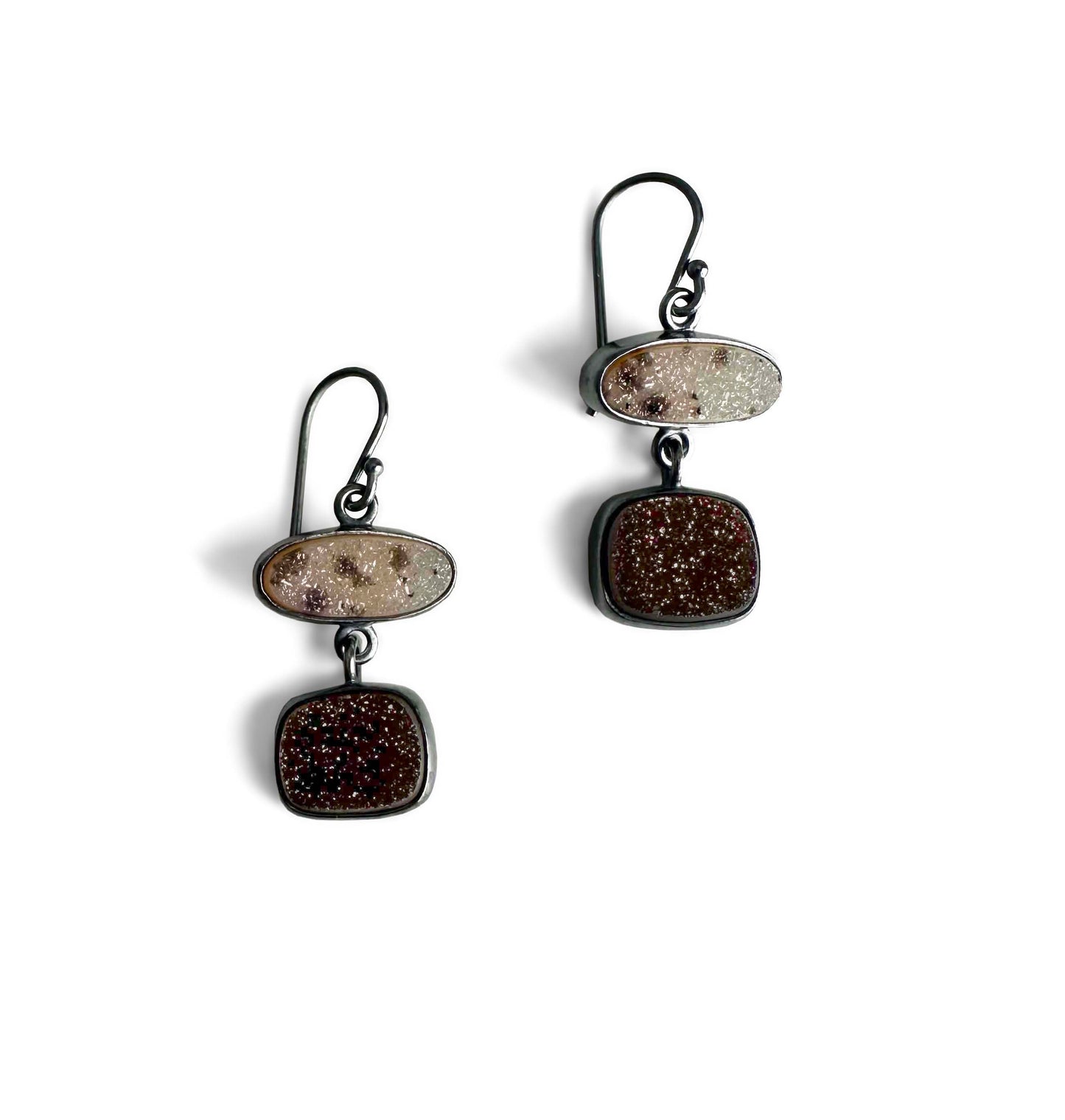 Spotted Oval and Brown Druzy and Sterling Silver Dangle Earrings