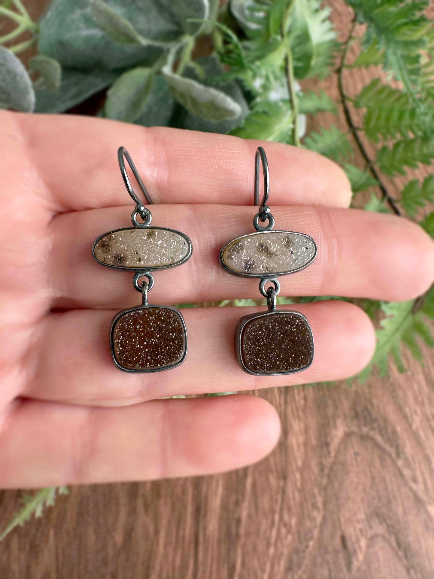 Spotted Oval and Brown Druzy and Sterling Silver Dangle Earrings