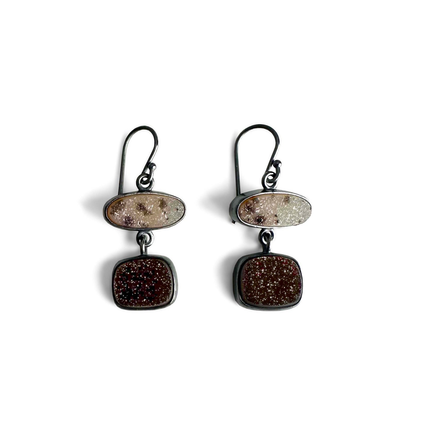 Spotted Oval and Brown Druzy and Sterling Silver Dangle Earrings