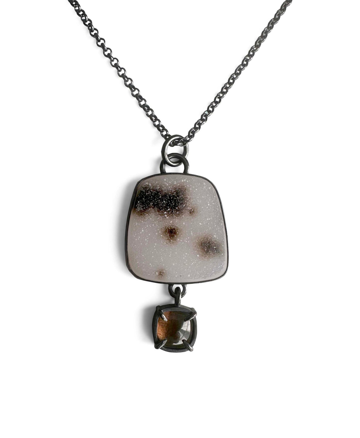 Spotted Druzy, Smoky Quartz and Sterling Silver Pendant Necklace