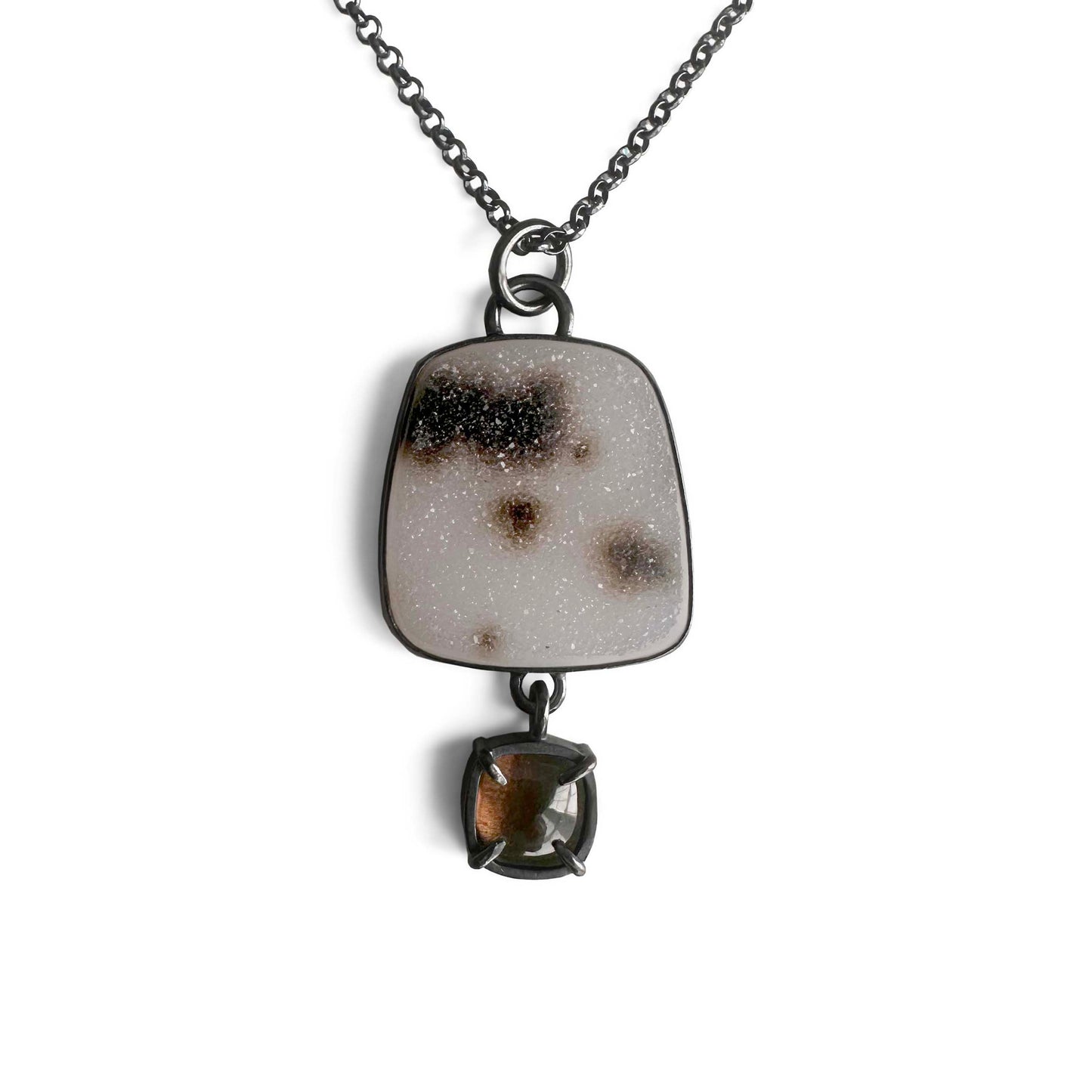 Spotted Druzy, Smoky Quartz and Sterling Silver Pendant Necklace