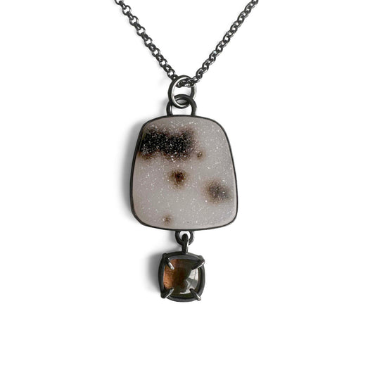 Spotted Druzy, Smoky Quartz and Sterling Silver Pendant Necklace