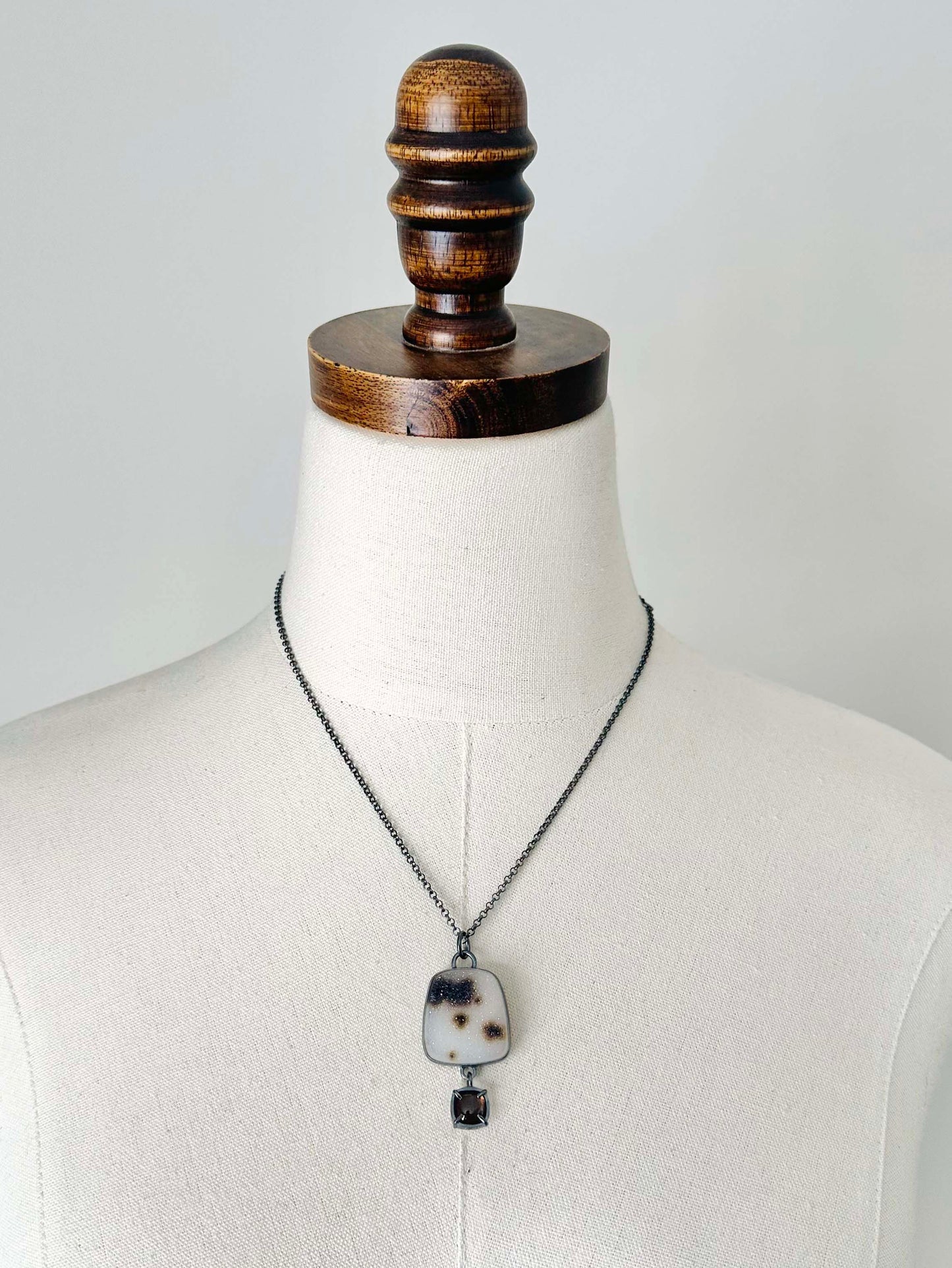 Spotted Druzy, Smoky Quartz and Sterling Silver Pendant Necklace