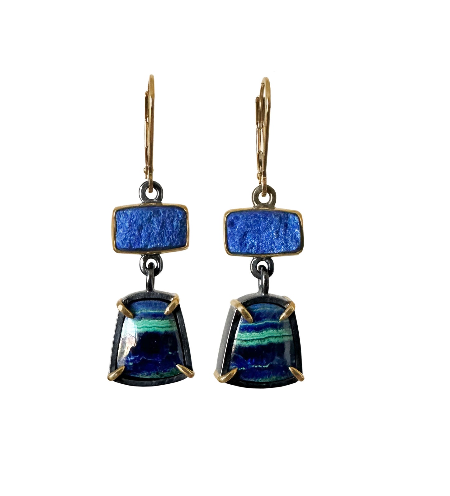 Azurite Malachite, Natural Surface Lapis Lazuli, 22k and 18k gold and Sterling Silver Dangle Earrings