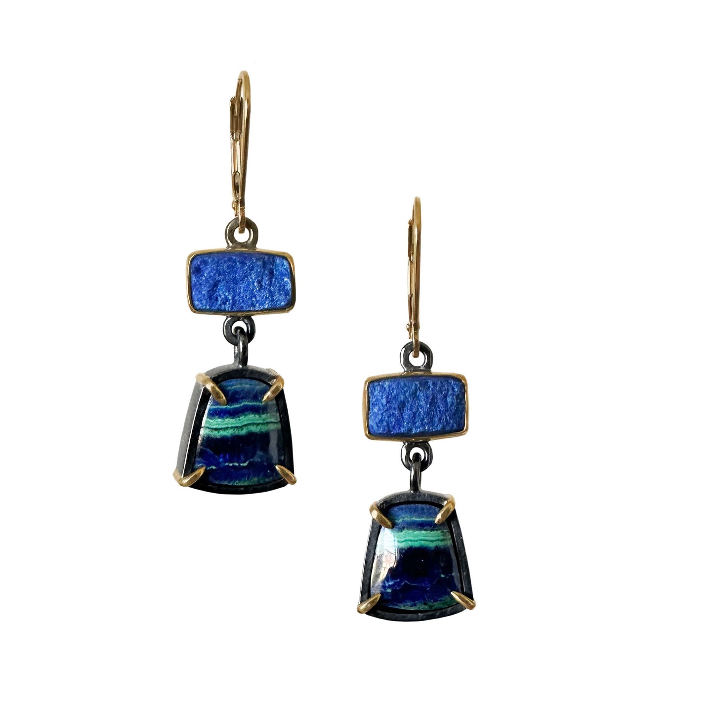 Azurite Malachite, Natural Surface Lapis Lazuli, 22k and 18k gold and Sterling Silver Dangle Earrings