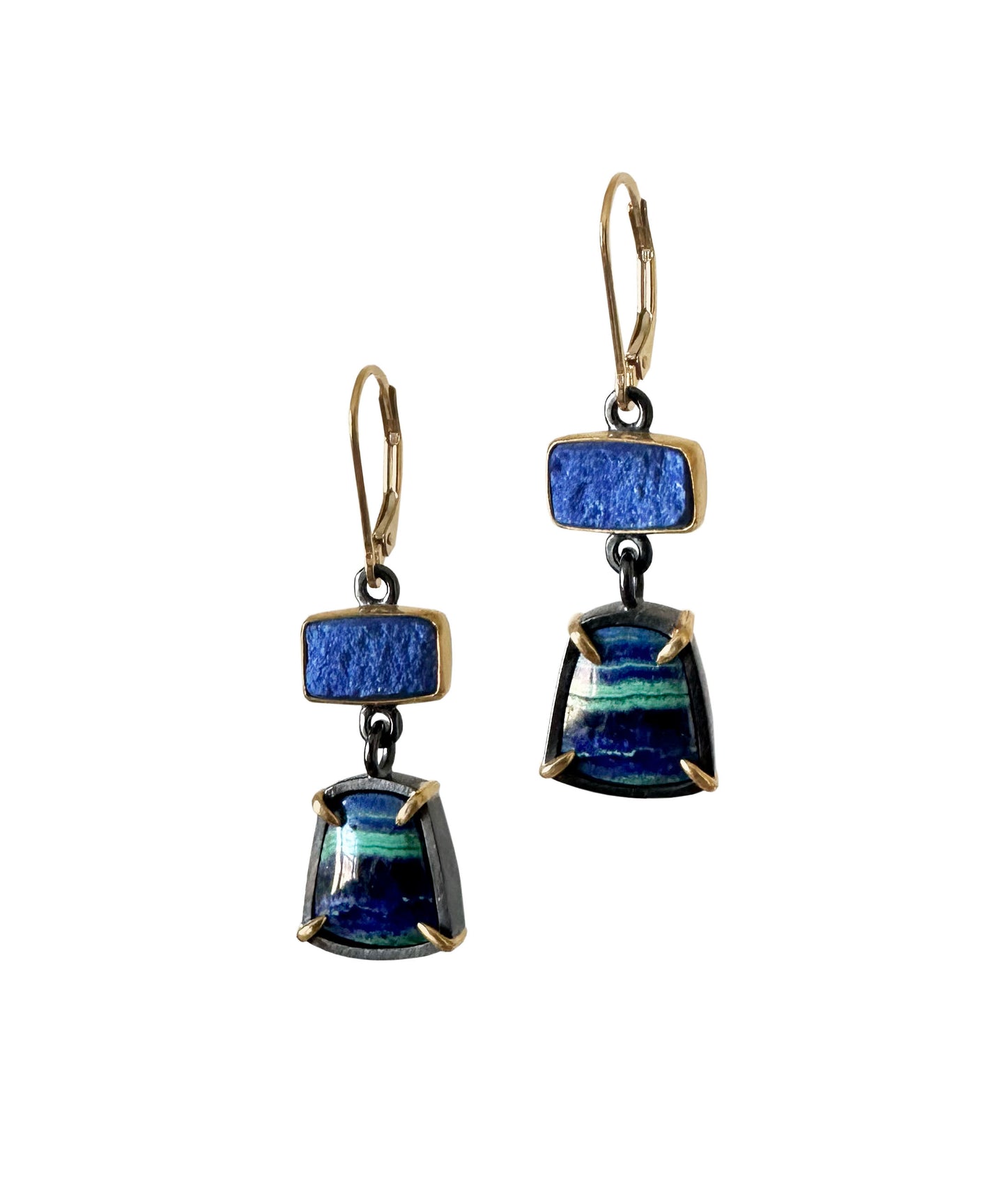 Azurite Malachite, Natural Surface Lapis Lazuli, 22k and 18k gold and Sterling Silver Dangle Earrings