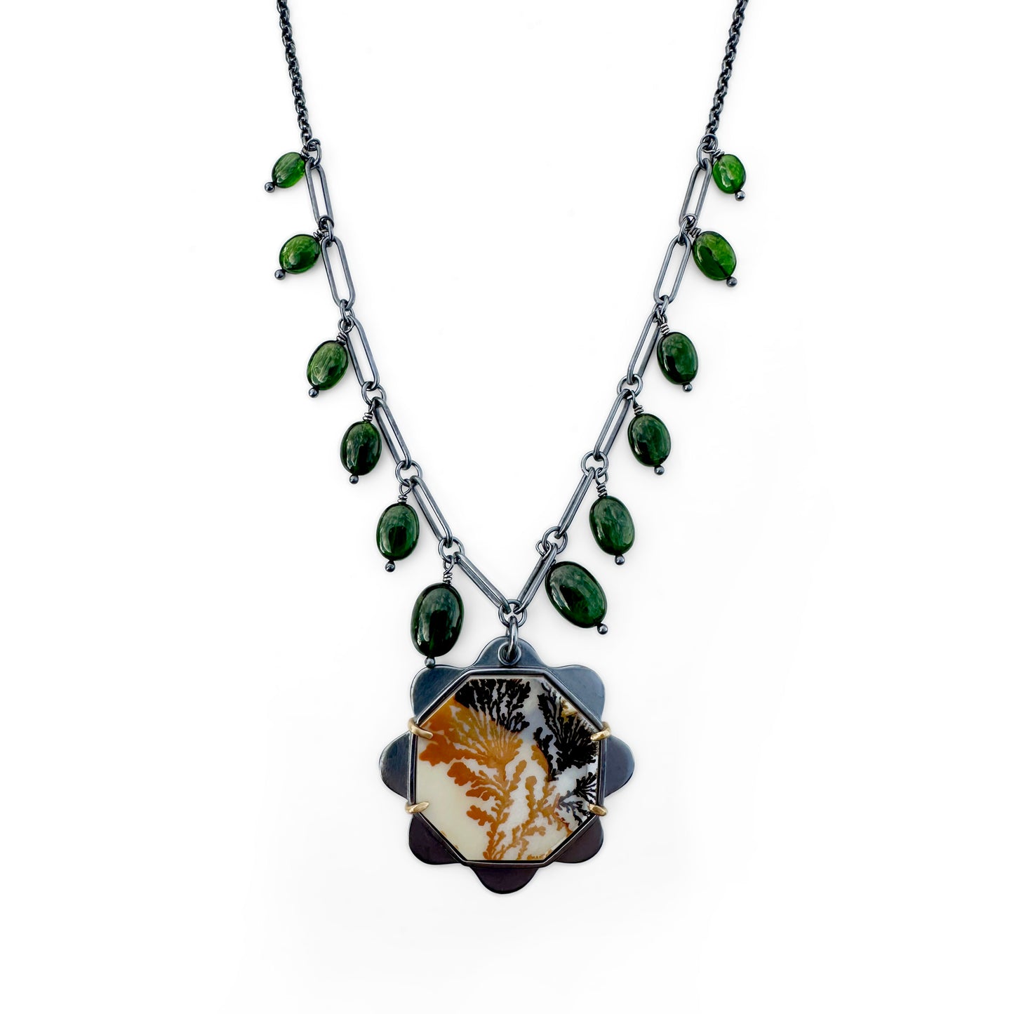 Dendritic Agate, Chrome Diopside 18k Gold and Sterling Silver Handmade Statement Necklace