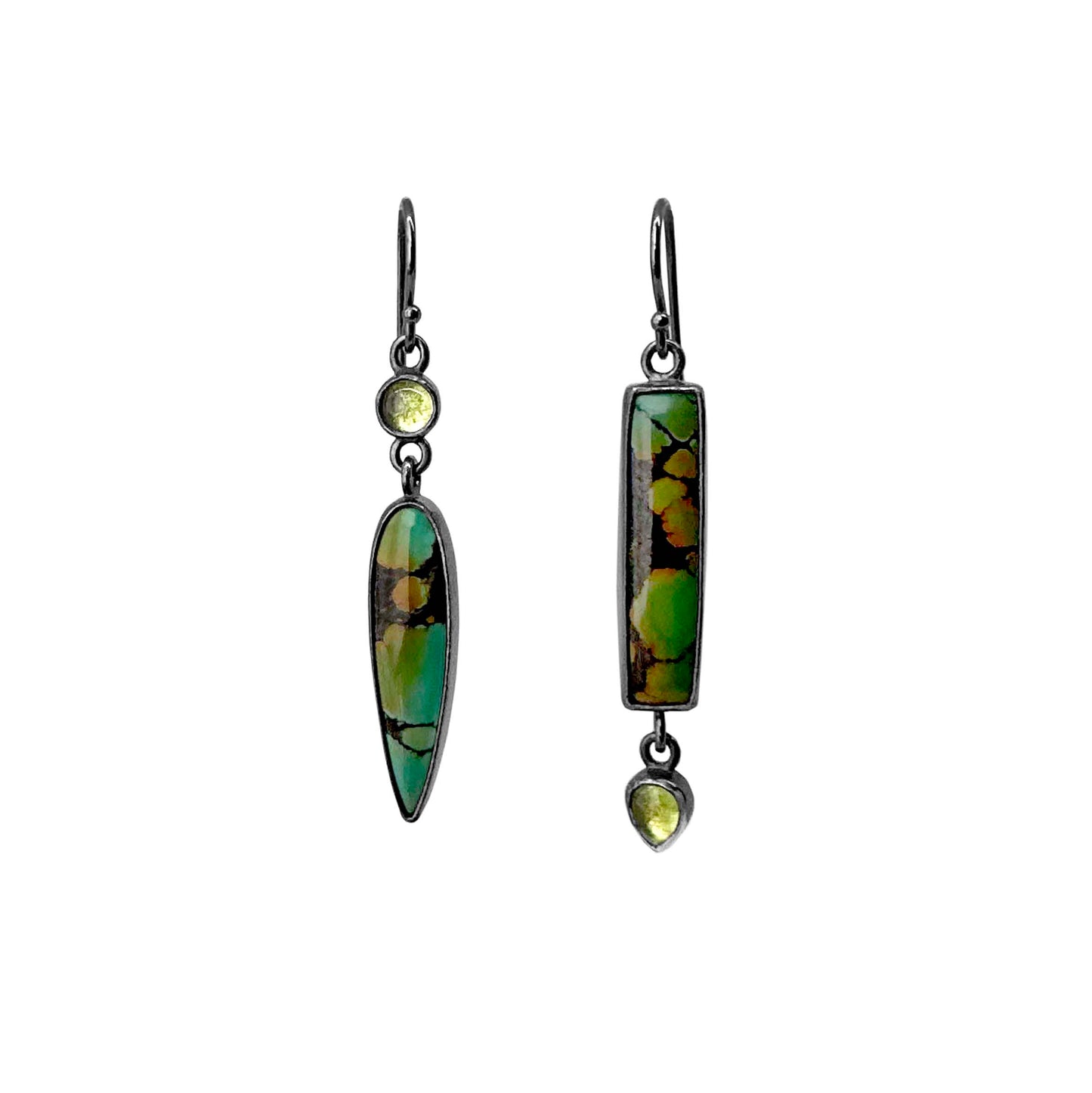 Polychrome Turquoise, Peridot and Sterling Silver Handmade Mix-matched Dangle Earrings
