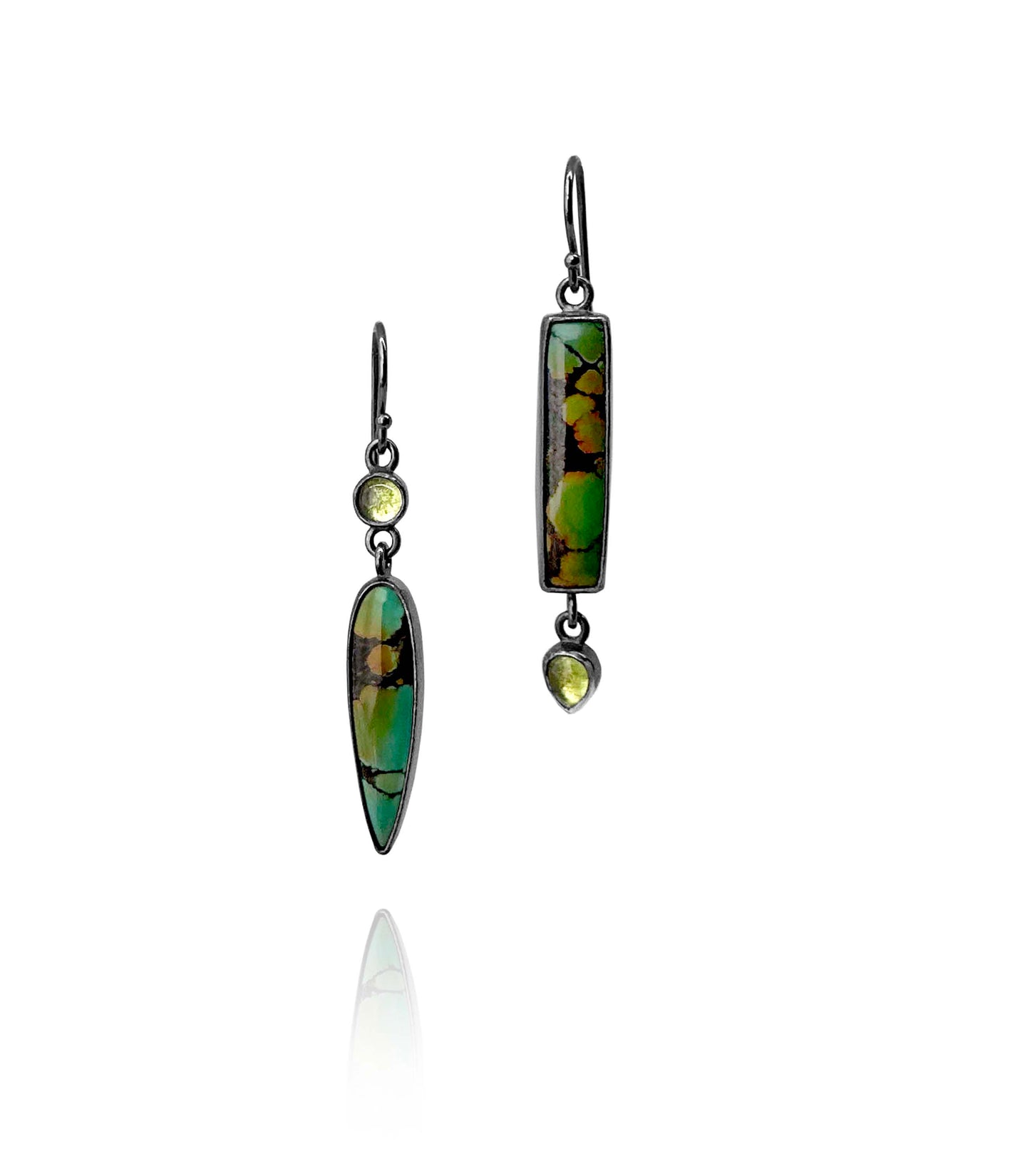 Polychrome Turquoise, Peridot and Sterling Silver Handmade Mix-matched Dangle Earrings