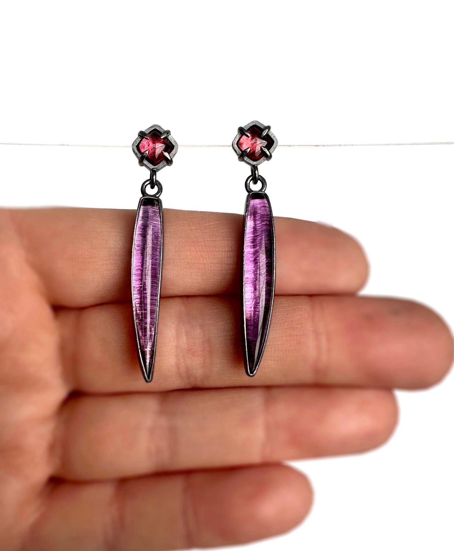 Amethyst, Rhodolite and Sterling Silver Handmade Stud Dangle Earrings