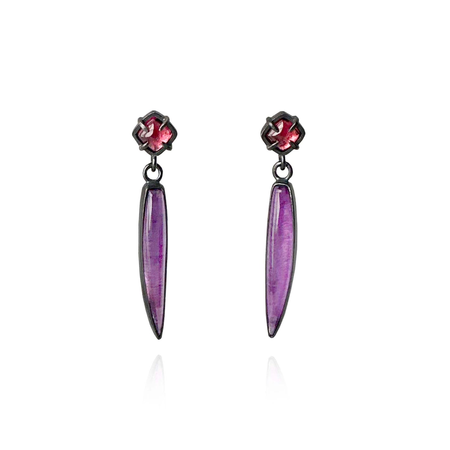 Amethyst, Rhodolite and Sterling Silver Handmade Stud Dangle Earrings