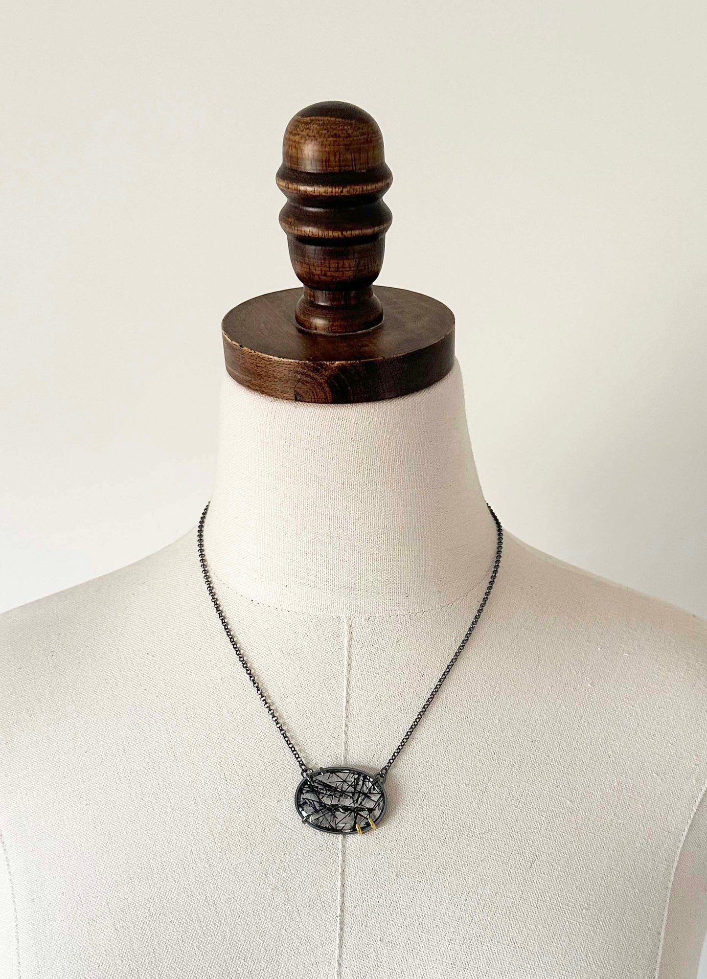 Tourmalinated Quartz, 18k Gold and Sterling Silver Pendant Necklace