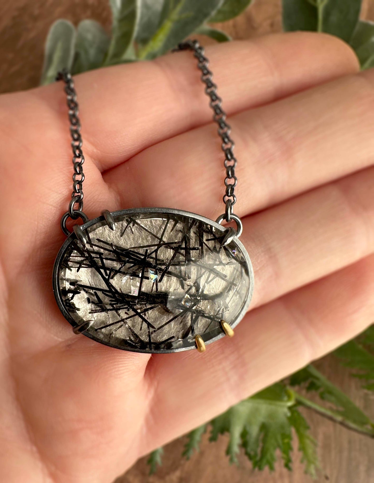 Tourmalinated Quartz, 18k Gold and Sterling Silver Pendant Necklace