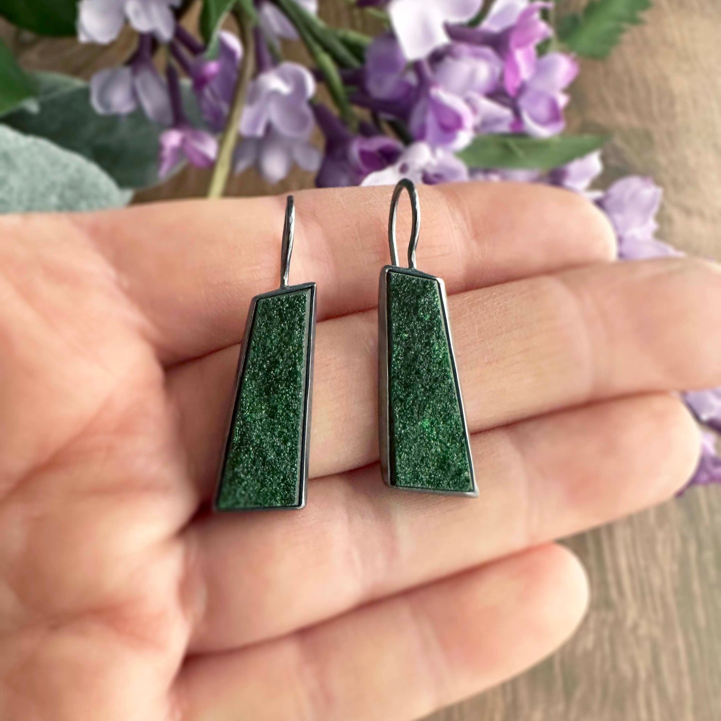 Uvarovite Garnet Drusy, Fine and Sterling Silver Handmade Dangle Earrings