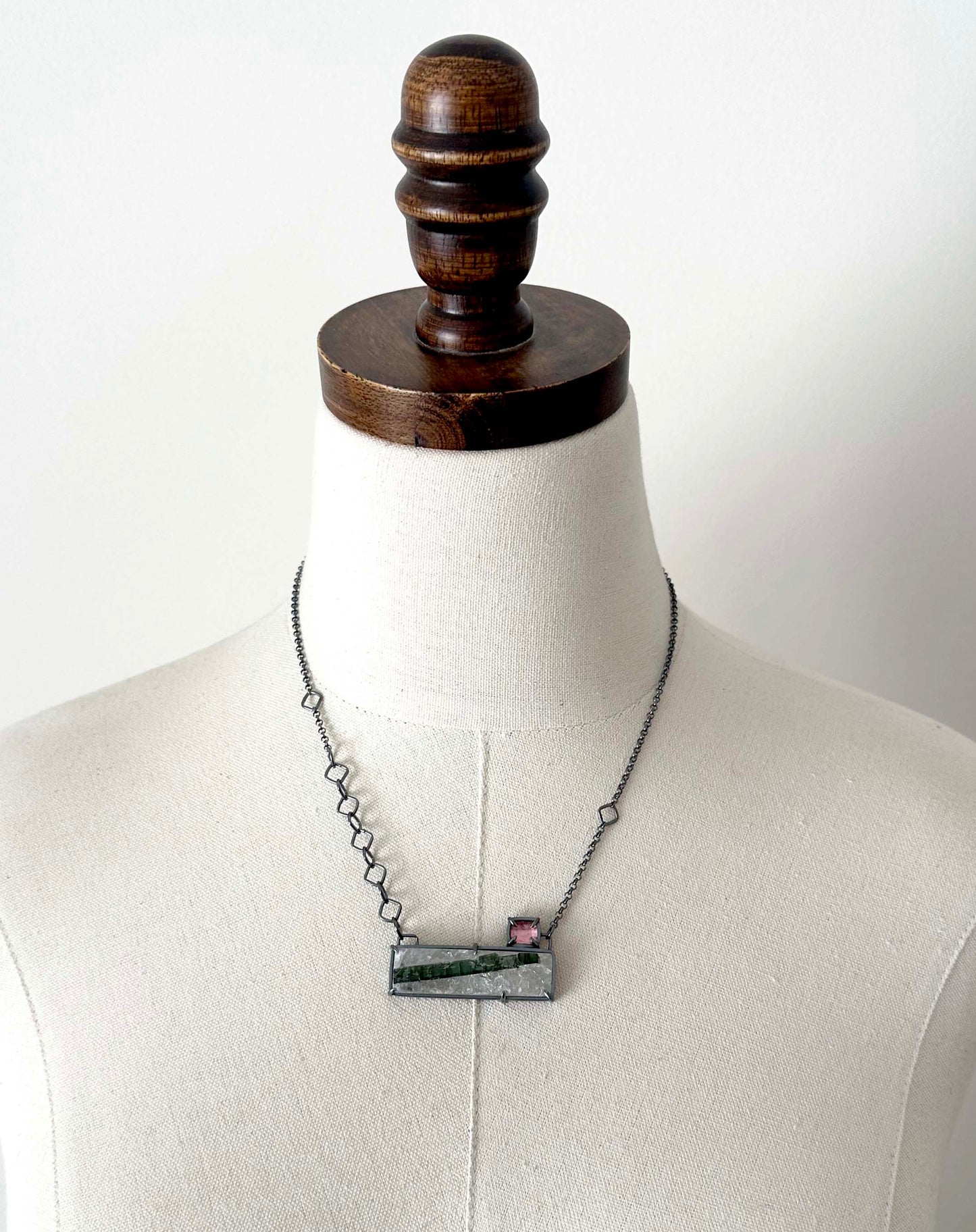 Green Tourmaline in Quartz and Sterling Silver Handmade Pendant Necklace