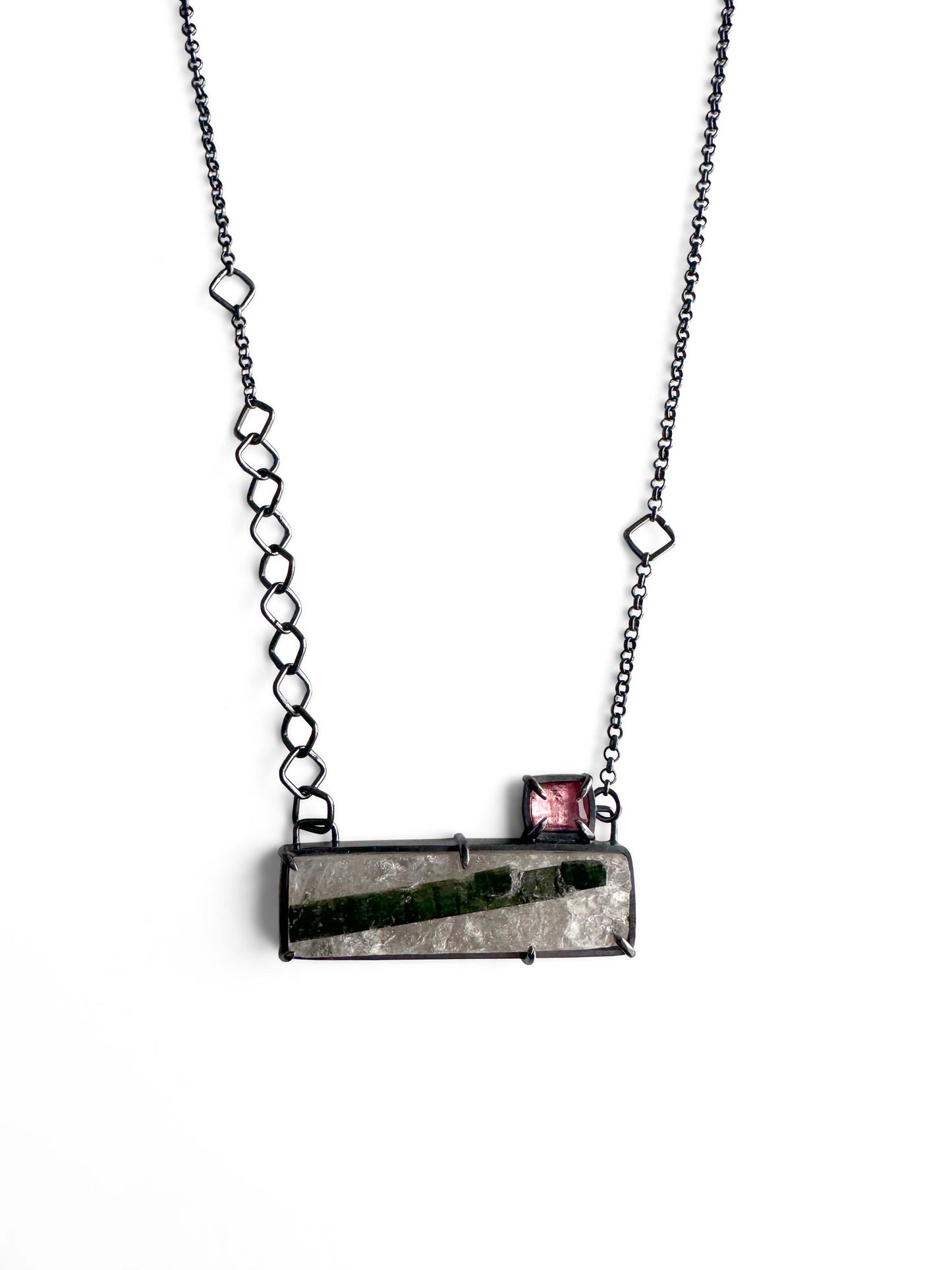 Green Tourmaline in Quartz and Sterling Silver Handmade Pendant Necklace