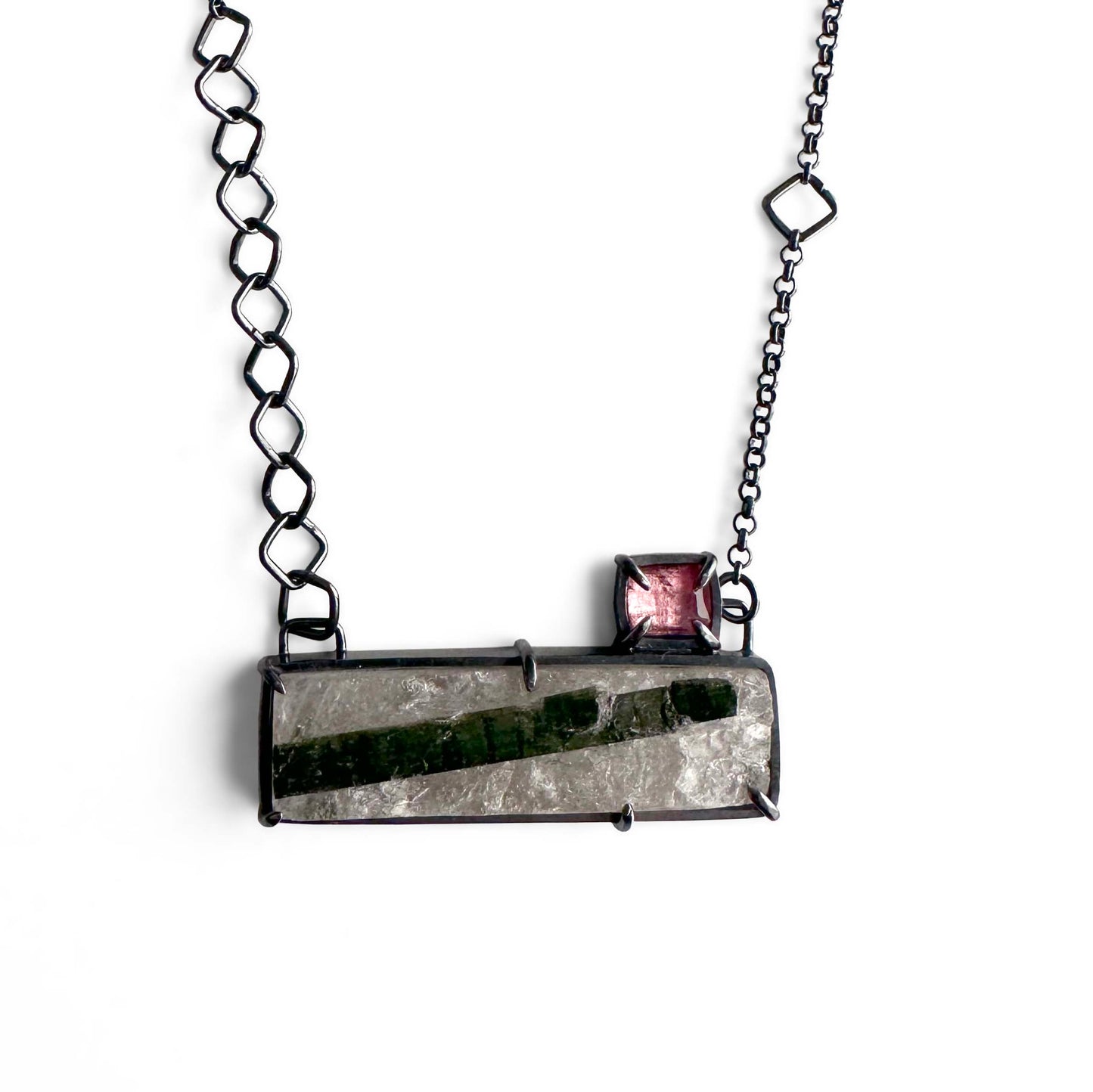 Green Tourmaline in Quartz and Sterling Silver Handmade Pendant Necklace