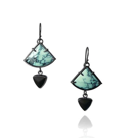 Persian Variscite, Matte Black Obsidian and Sterling Silver Dangle Earrings