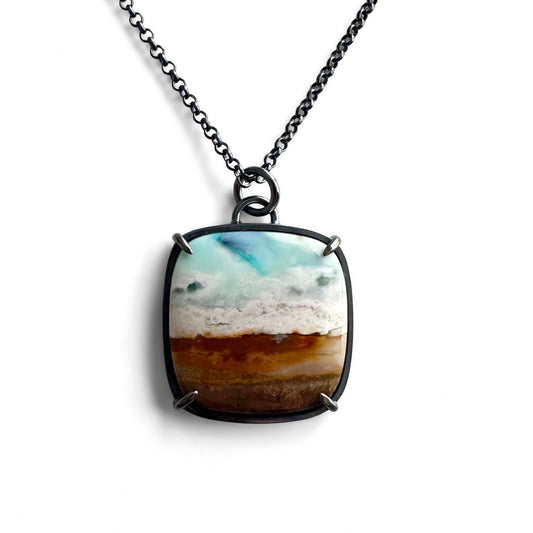 Blue Opalized Petrified Wood and Sterling Silver Handmade Pendant Necklace