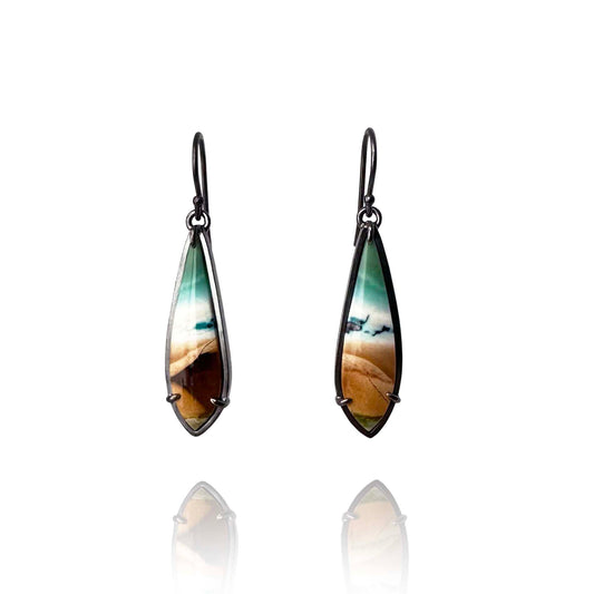 Blue Opalized Petrified Wood and Sterling Silver Handmade Dangle Earrings