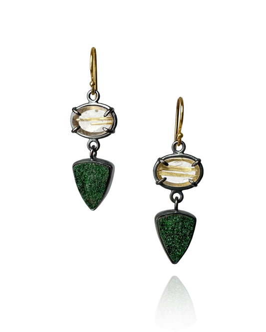 Rutilated Quartz, Uvarovite Garnet Drusy, Fine and Sterling Silver Handmade Dangle Earrings