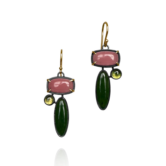 Guava Quartz, Nephrite, Peridot, 14k Gold and Sterling Silver Handmade Dangle Earrings