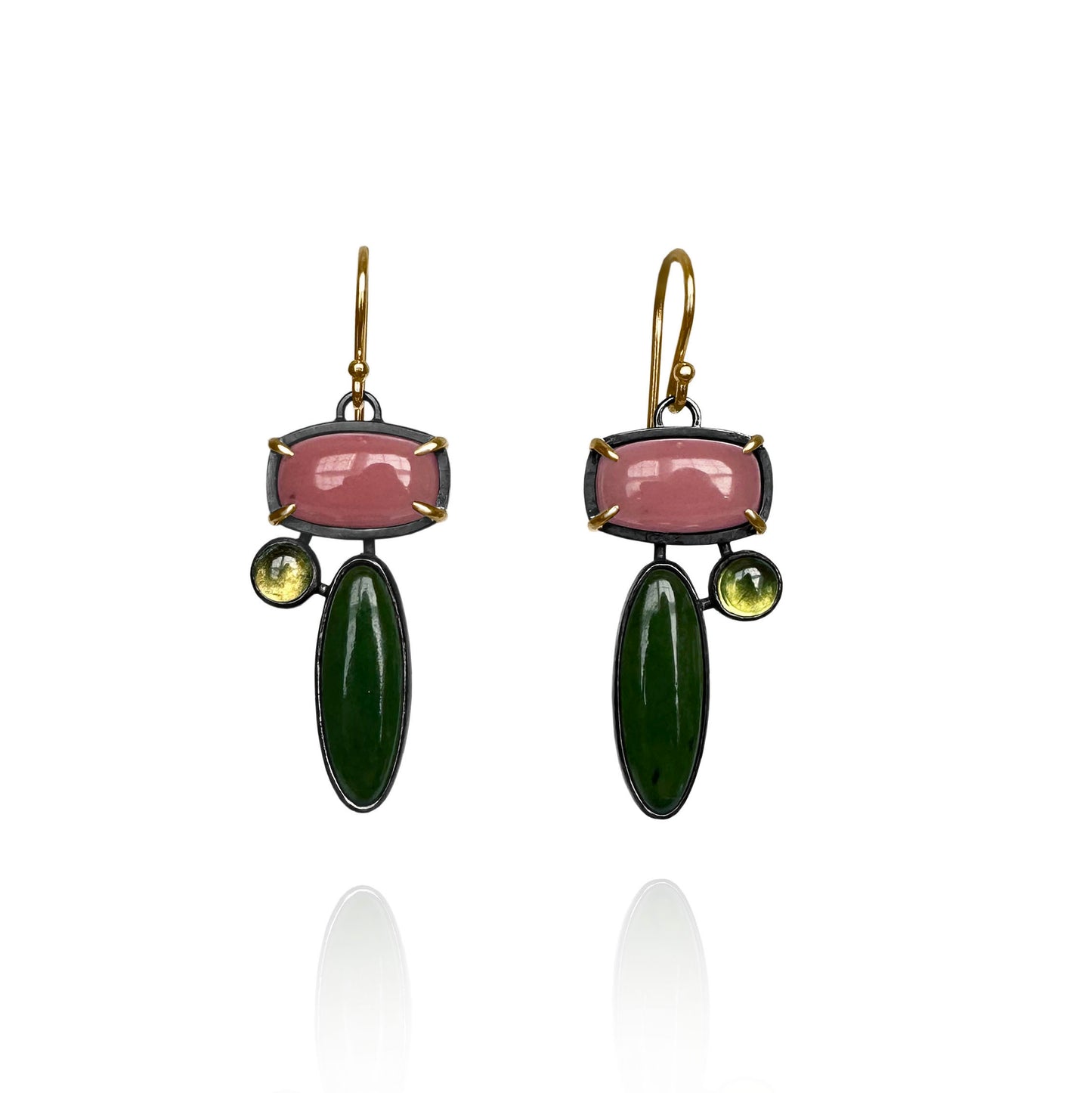 Guava Quartz, Nephrite, Peridot, 14k Gold and Sterling Silver Handmade Dangle Earrings