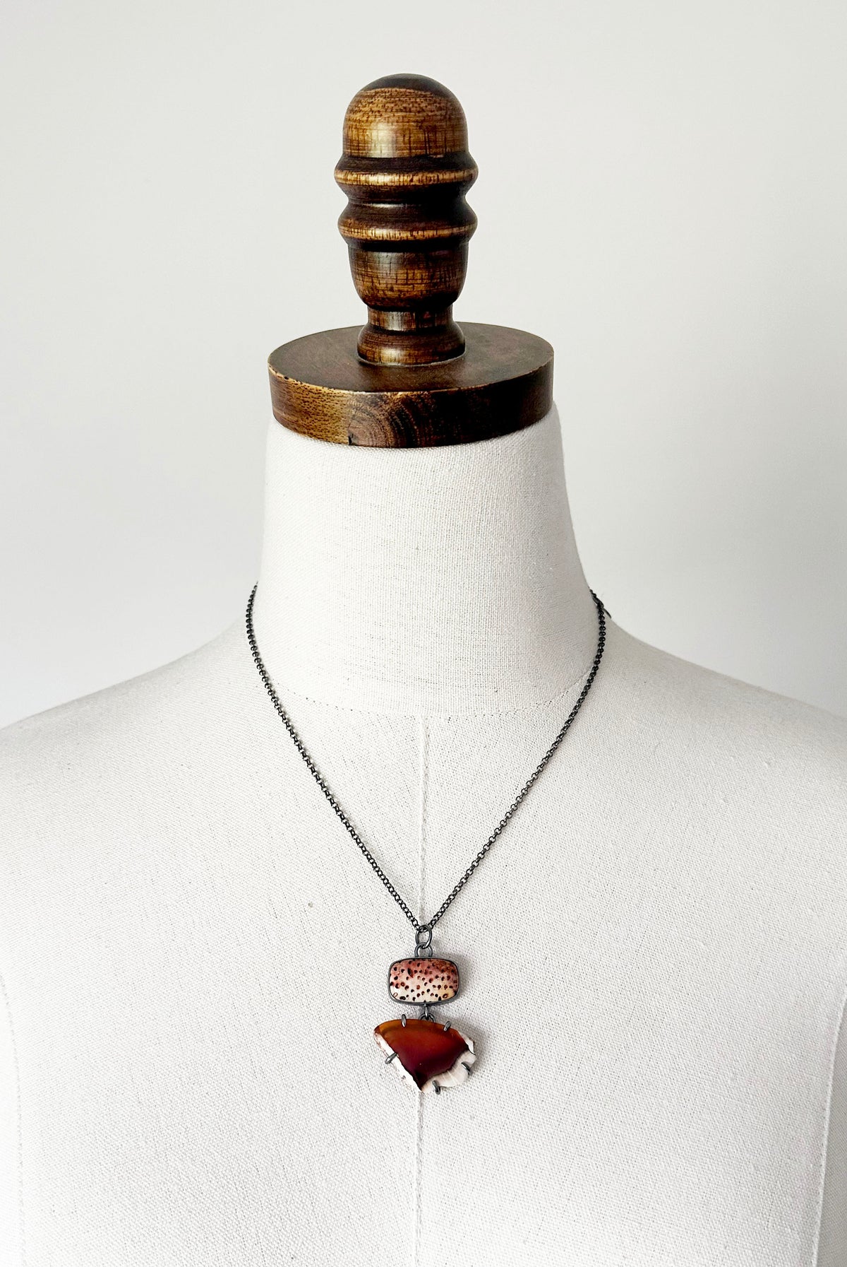 Fossilized Palm, Sumatran Agate and Sterling Silver Pendant Necklace