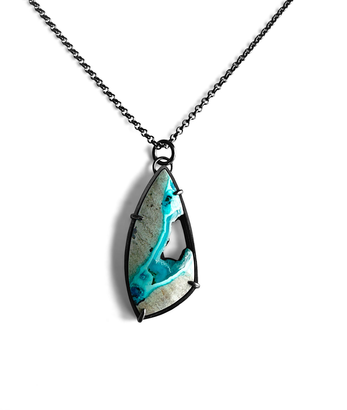 Electric Chrysocolla Shattuckite and Sterling Silver  Handmade Pendant Necklace