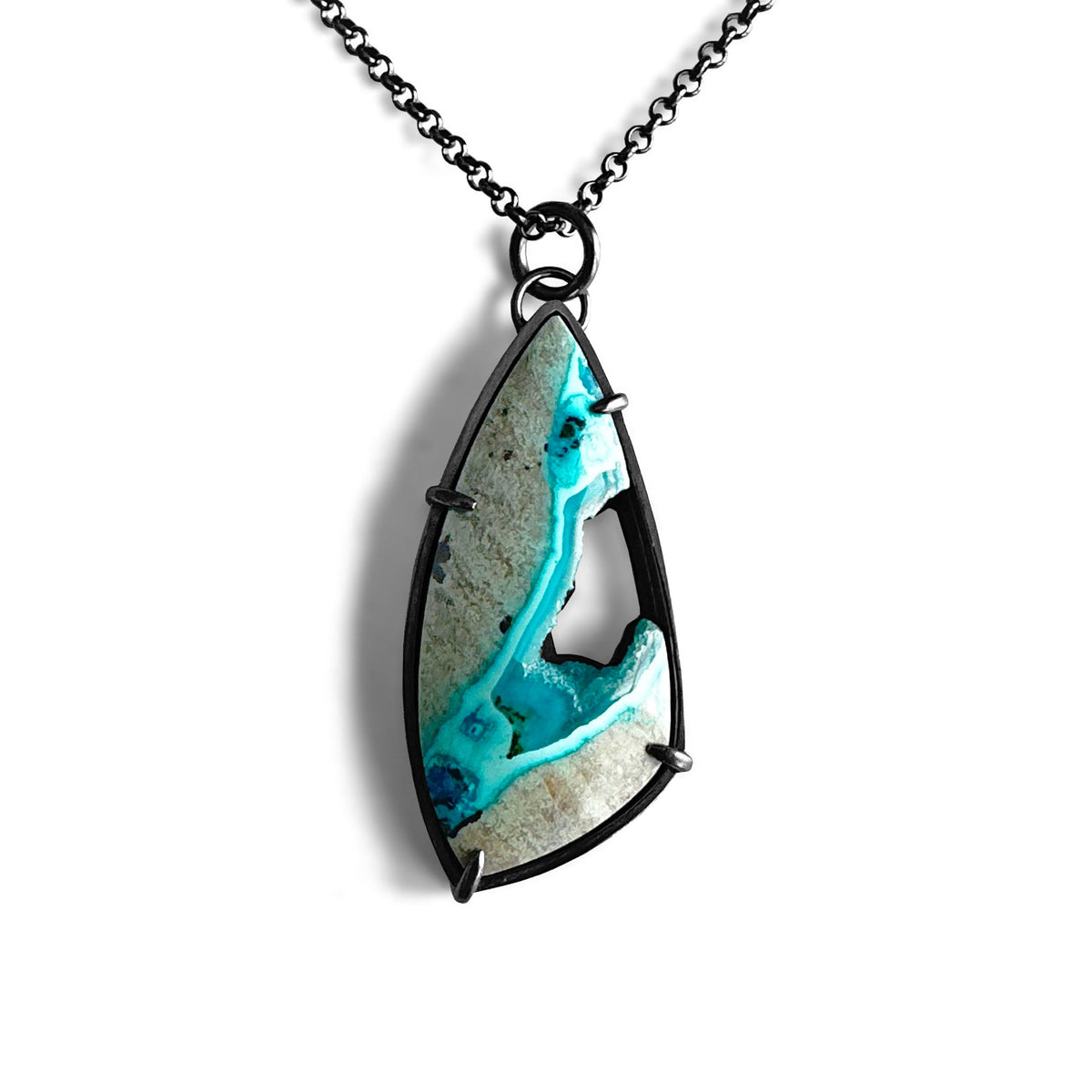 Electric Chrysocolla Shattuckite and Sterling Silver  Handmade Pendant Necklace