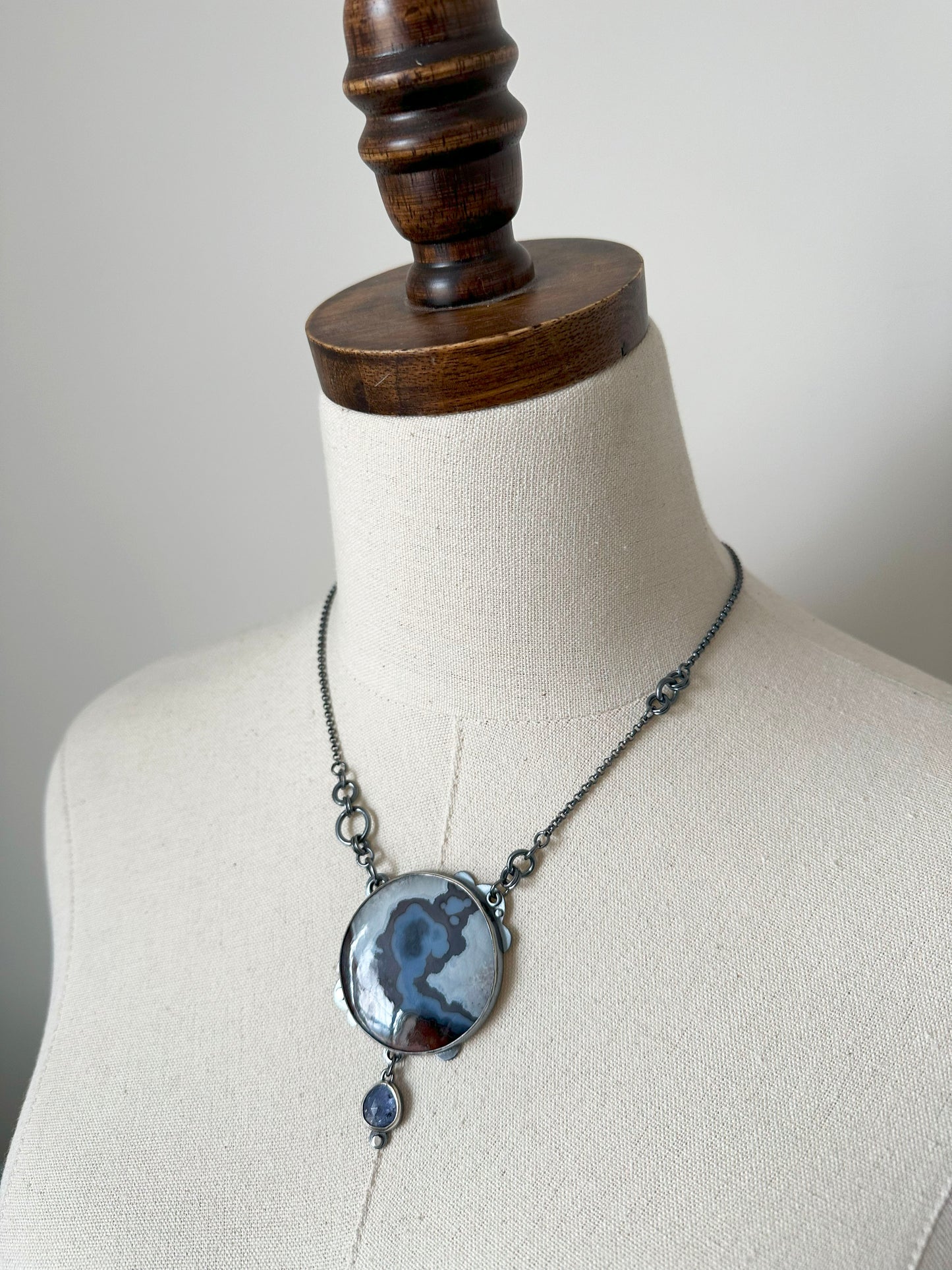 Turkish Banded Agate, Kyanite and Sterling Silver Handmade Statement Necklace