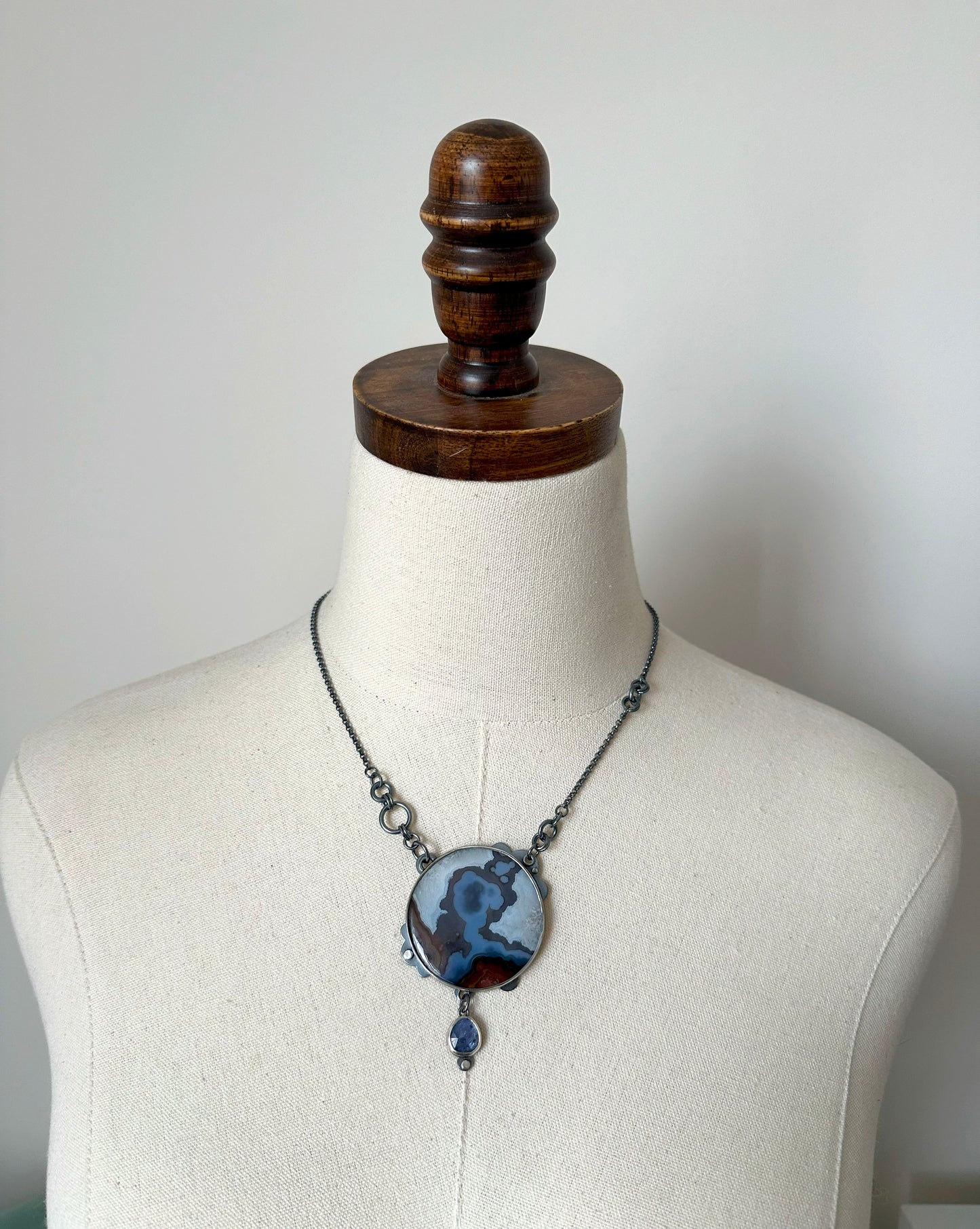 Turkish Banded Agate, Kyanite and Sterling Silver Handmade Statement Necklace