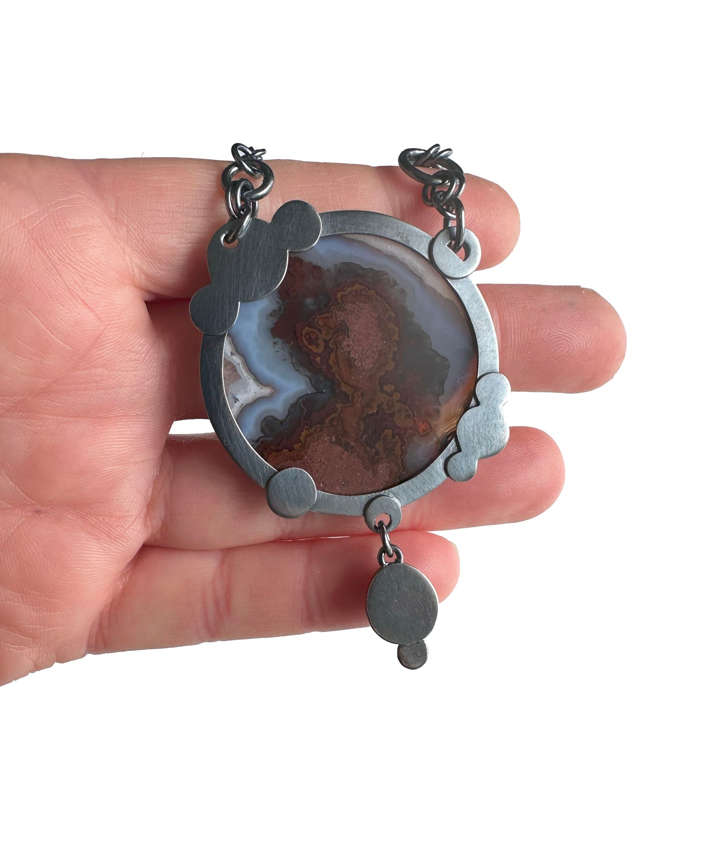 Turkish Banded Agate, Kyanite and Sterling Silver Handmade Statement Necklace