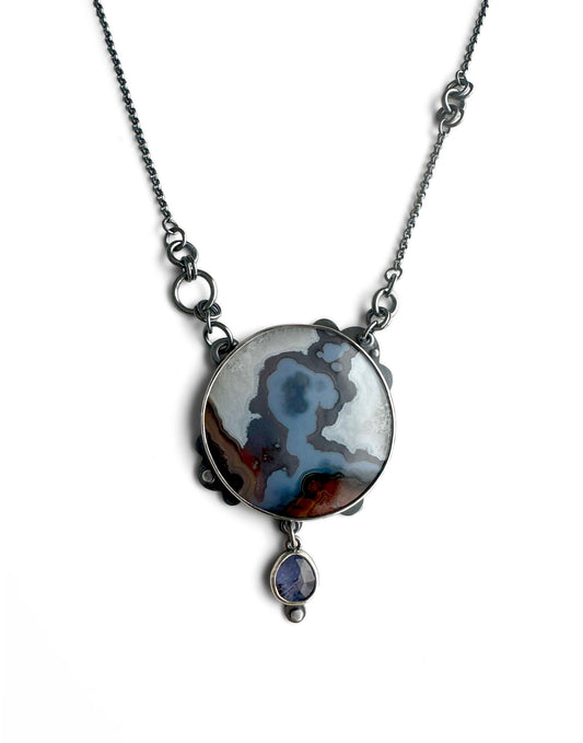 Turkish Banded Agate, Kyanite and Sterling Silver Handmade Statement Necklace