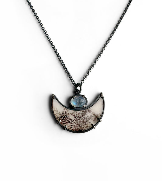 Dendritic Agate Moon, Moonstone and Sterling Silver Handmade Pendant Necklace