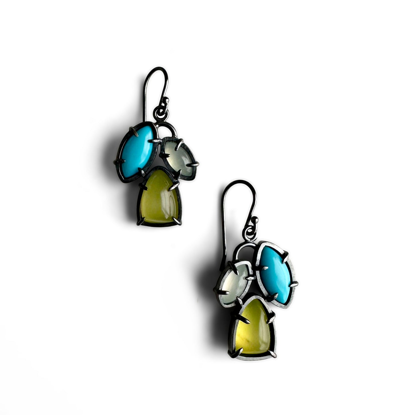 Vesuvianite, Sleeping Beauty Turquiose, Aquamarine and Sterling Silver Handmade Dangle Earrings