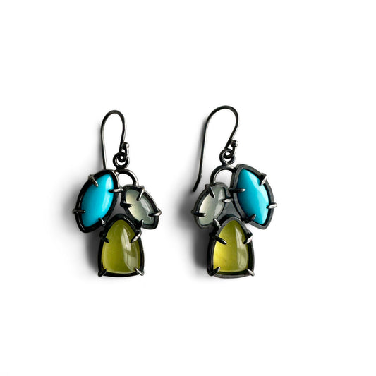 Vesuvianite, Sleeping Beauty Turquiose, Aquamarine and Sterling Silver Handmade Dangle Earrings