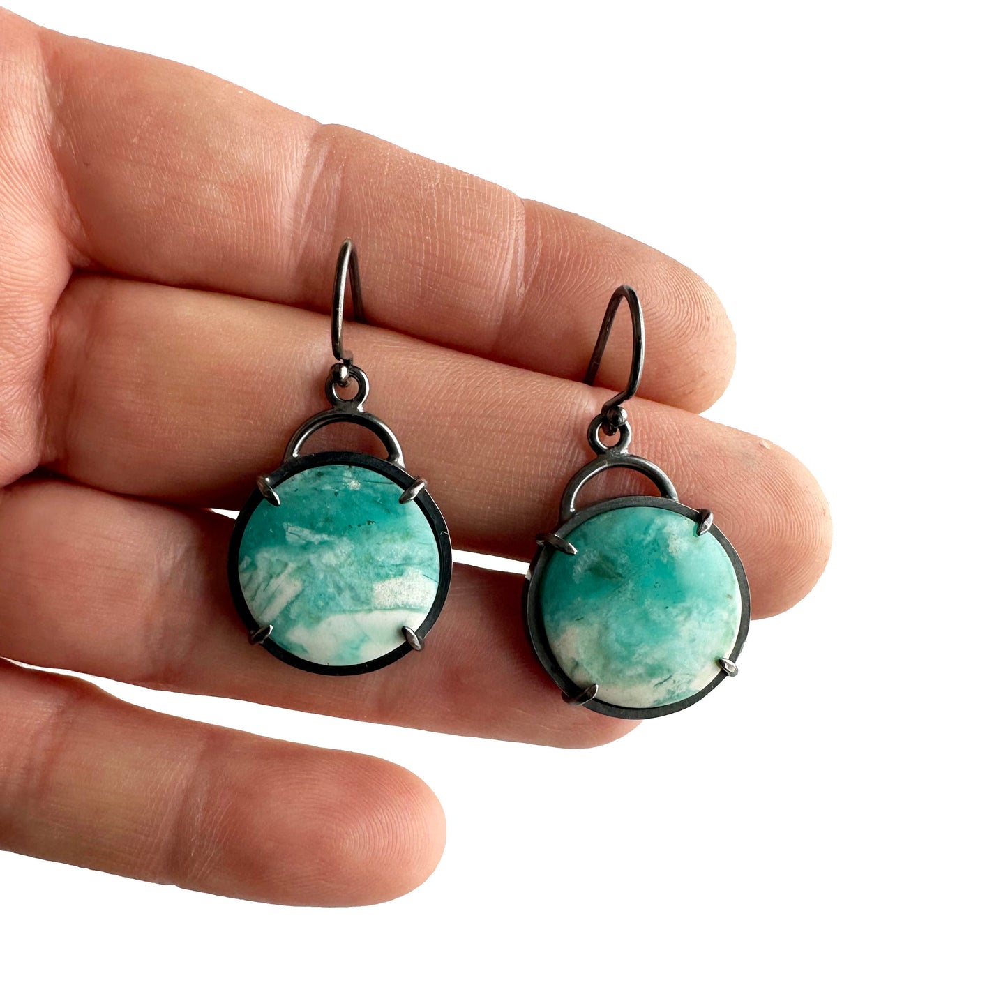 Blue Opalized Petrified Wood and Sterling Silver Handmade Dangle Earrings