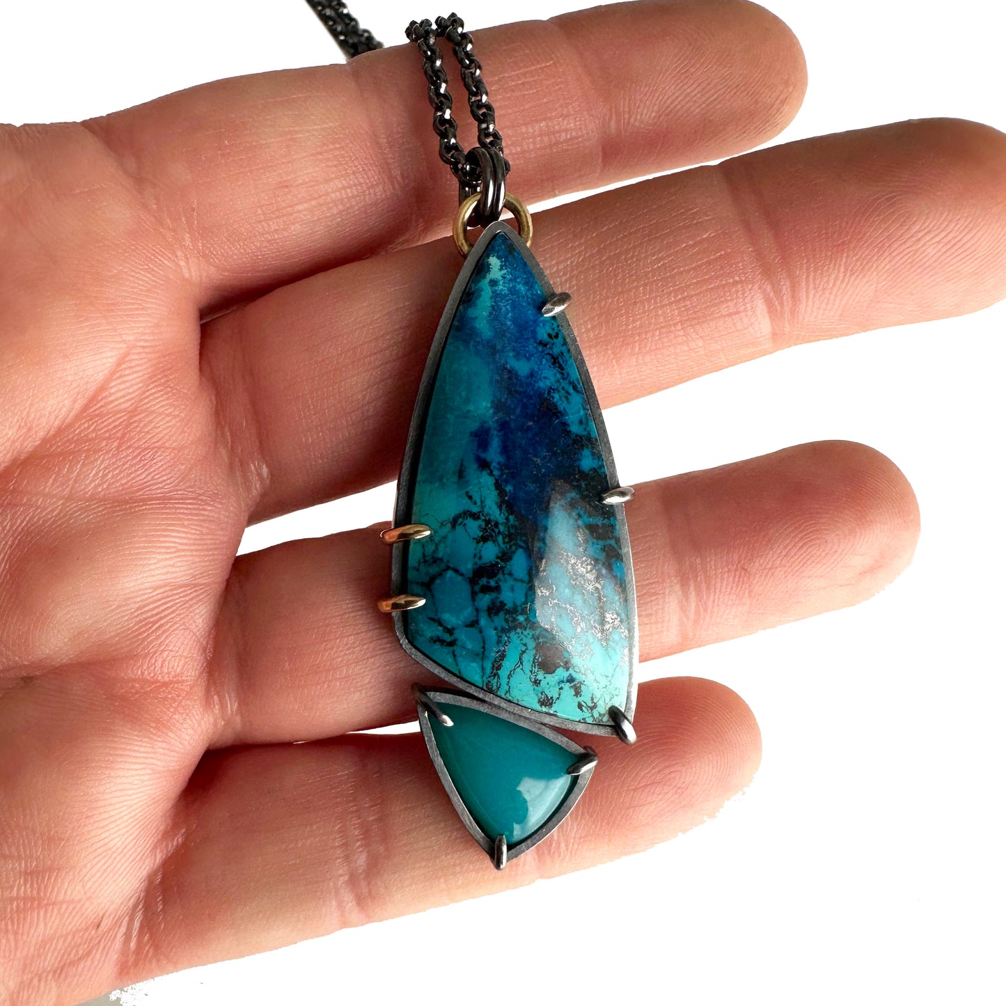 Shattuckite Chrysocolla, Gem Silica, 18k Gold and Sterling Silver Handmade Pendant Necklace