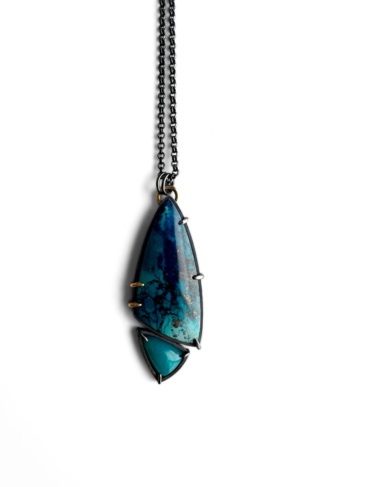 Shattuckite Chrysocolla, Gem Silica, 18k Gold and Sterling Silver Handmade Pendant Necklace