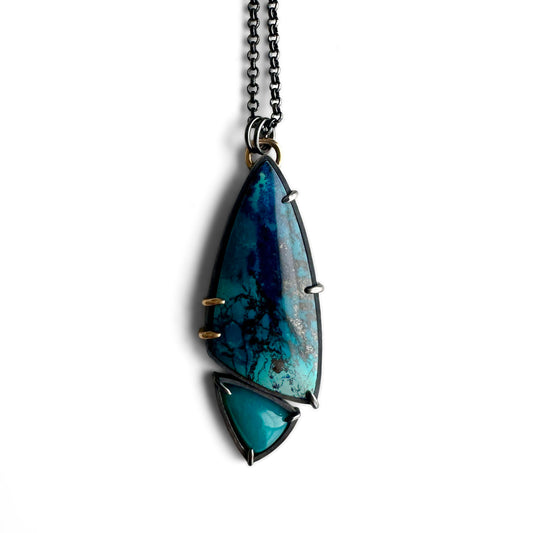 Shattuckite Chrysocolla, Gem Silica, 18k Gold and Sterling Silver Handmade Pendant Necklace