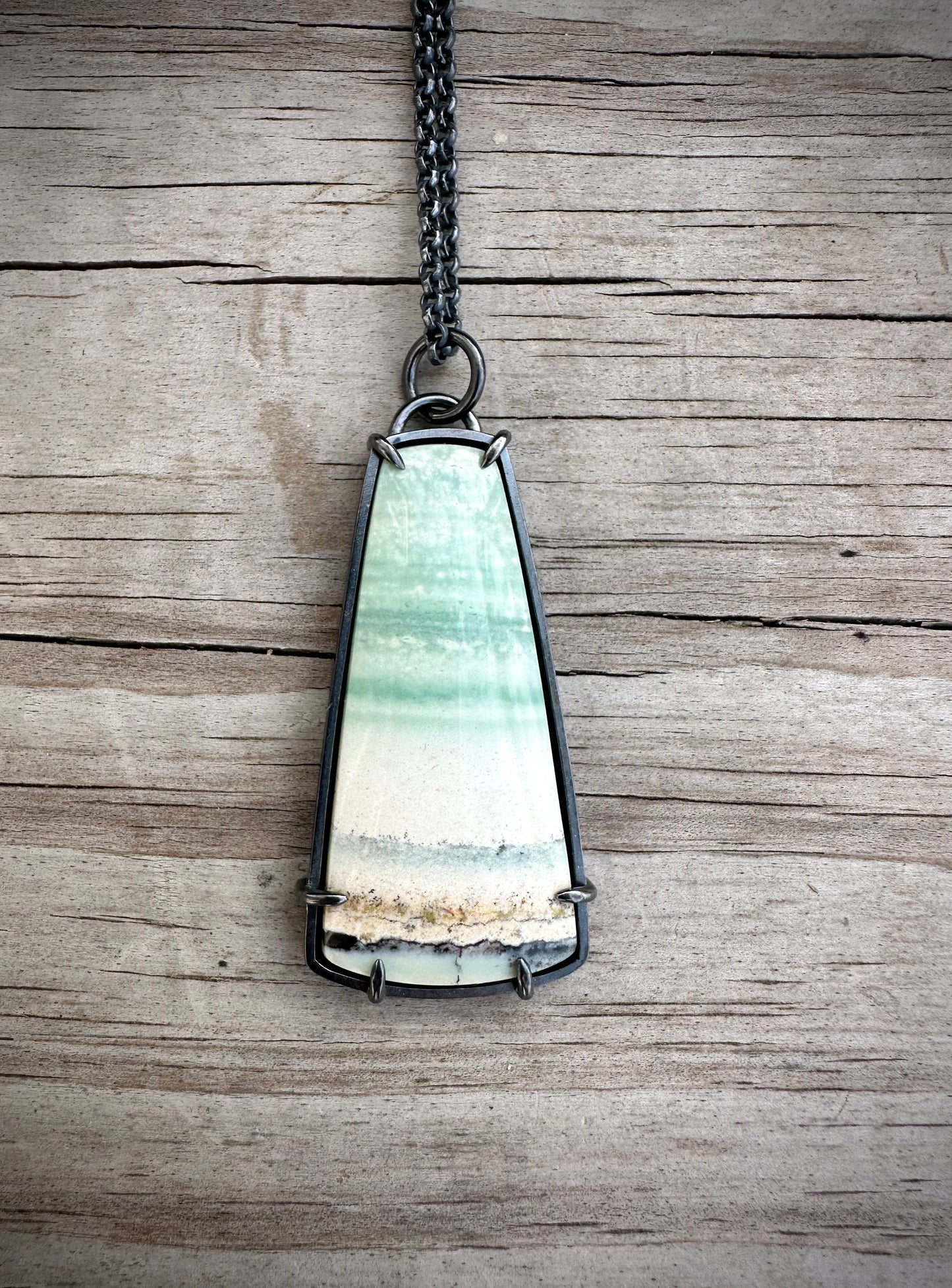 Blue Opalized Petrified Wood and Sterling Silver Handmade Pendant Necklace