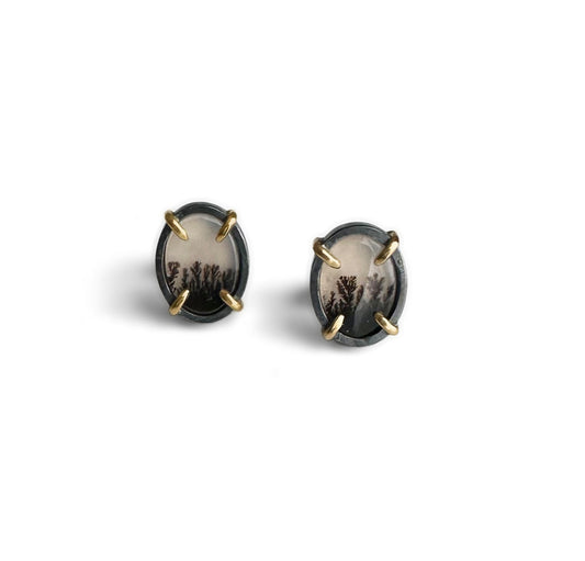 Dendritic Agate, 18k Gold and Sterling Silver Stud Earrings Handmade