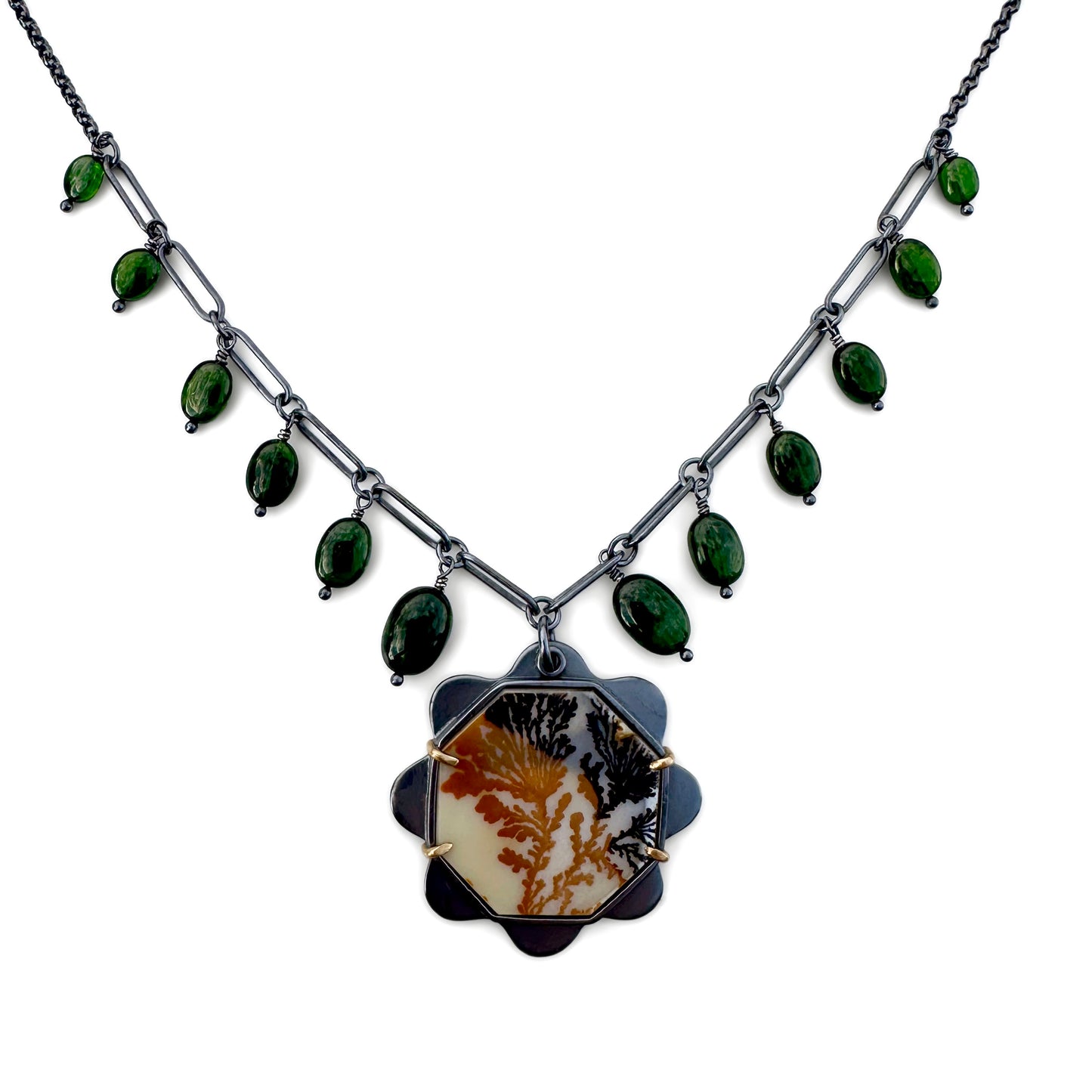 Dendritic Agate, Chrome Diopside 18k Gold and Sterling Silver Handmade Statement Necklace