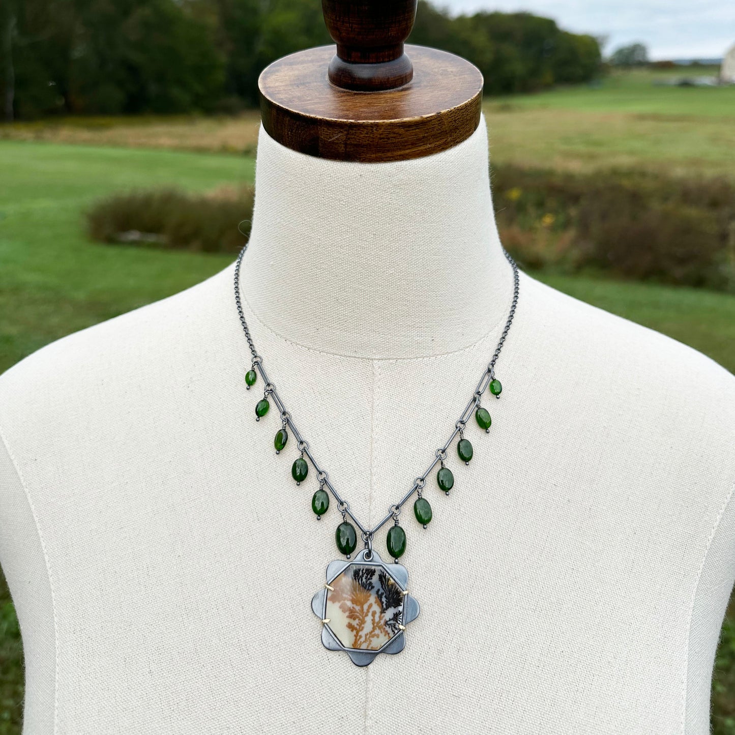 Dendritic Agate, Chrome Diopside 18k Gold and Sterling Silver Handmade Statement Necklace