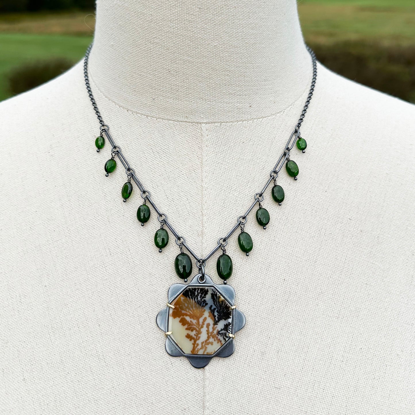 Dendritic Agate, Chrome Diopside 18k Gold and Sterling Silver Handmade Statement Necklace