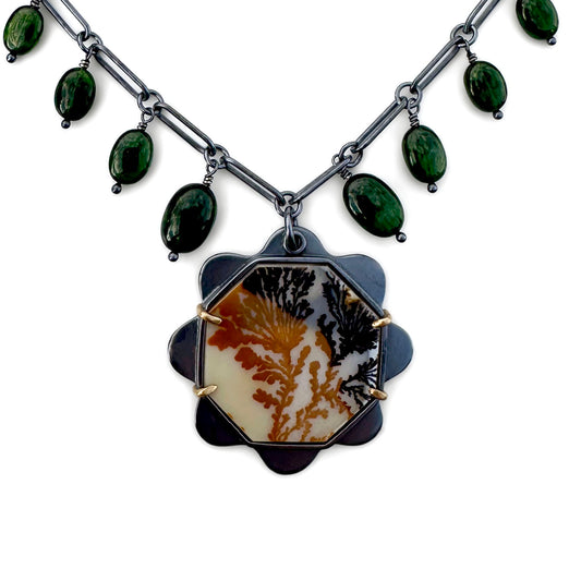 Dendritic Agate, Chrome Diopside 18k Gold and Sterling Silver Handmade Statement Necklace