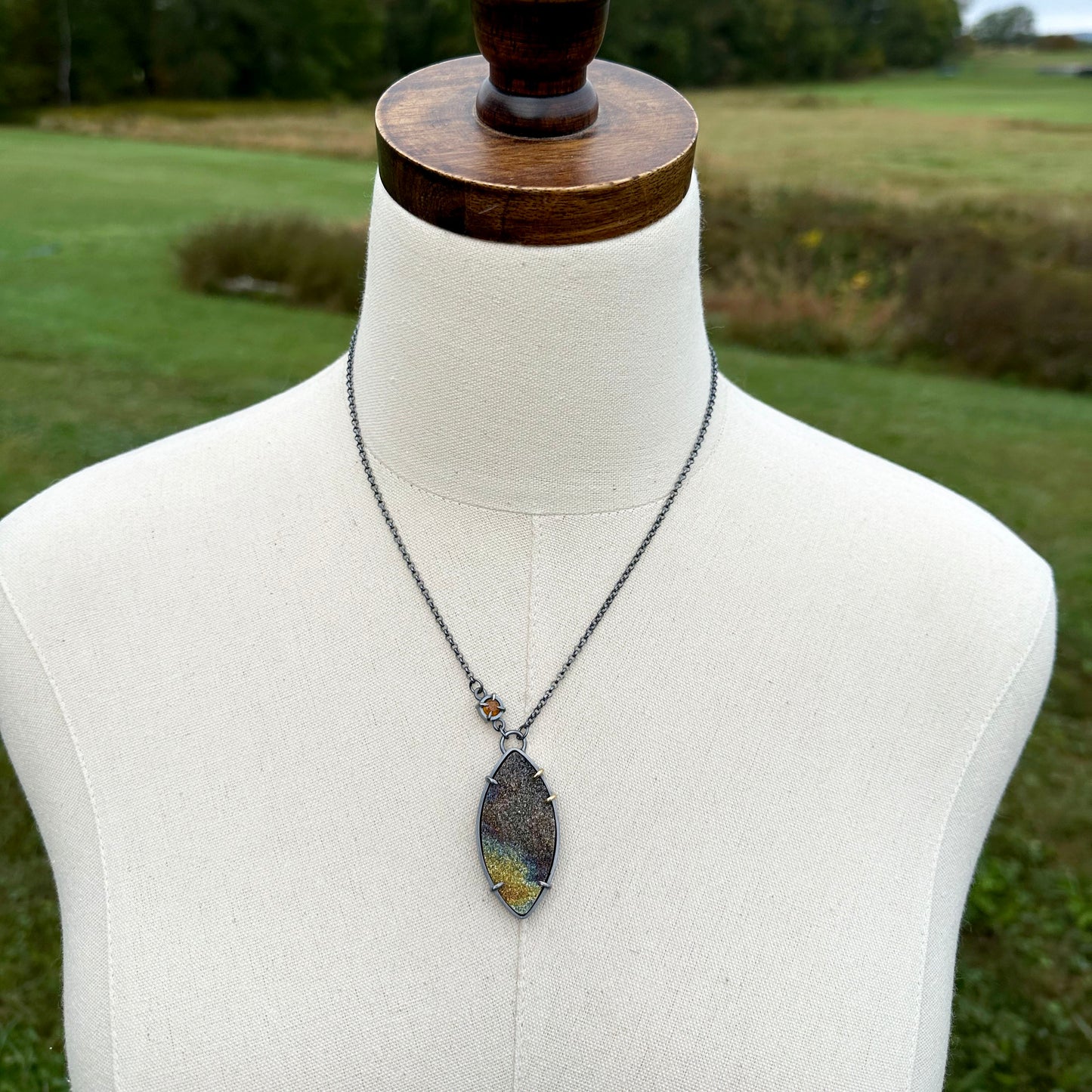 Rainbow Pyrite, Citrine, 18k gold and Sterling Silver Handmade Pendant Necklace