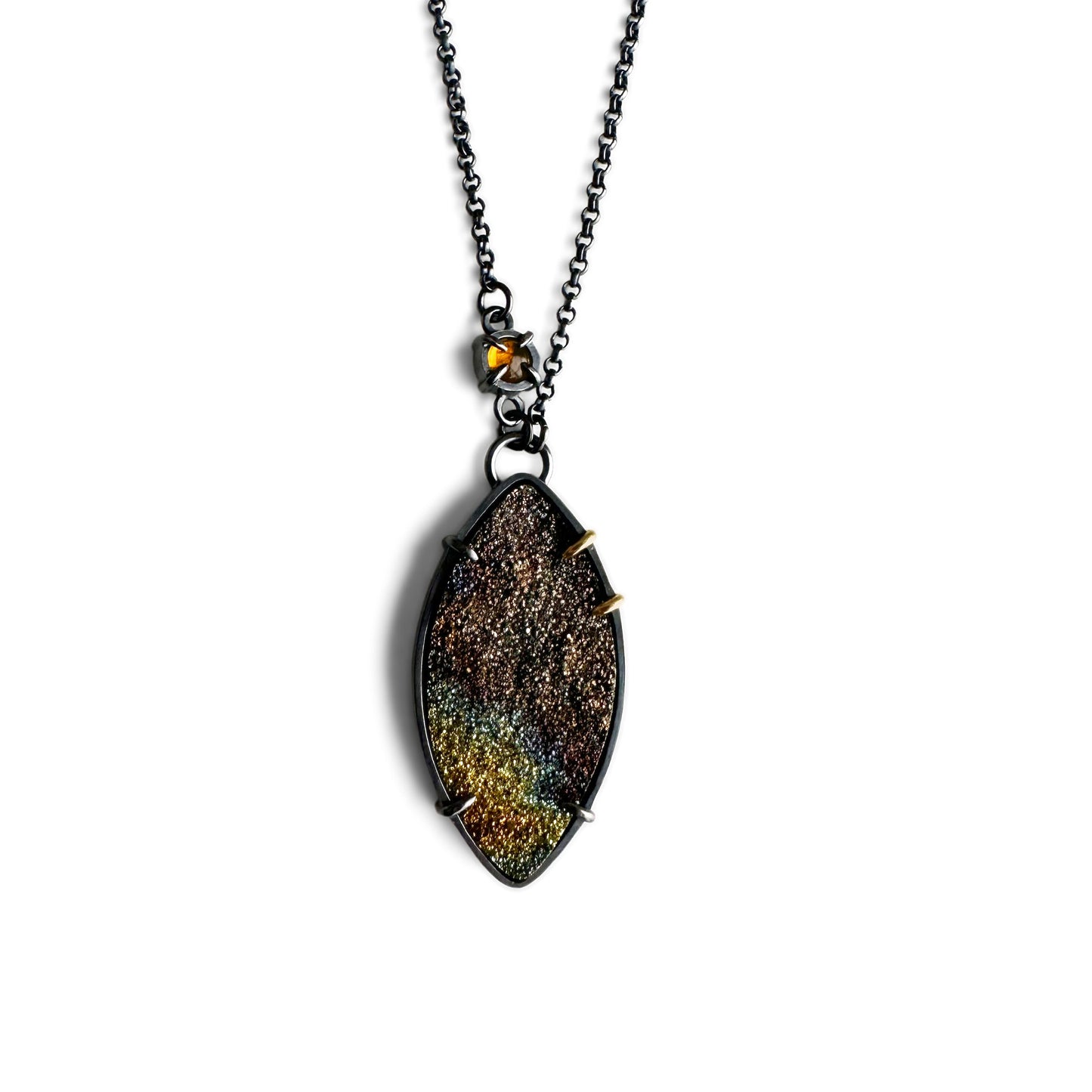 Rainbow Pyrite, Citrine, 18k gold and Sterling Silver Handmade Pendant Necklace