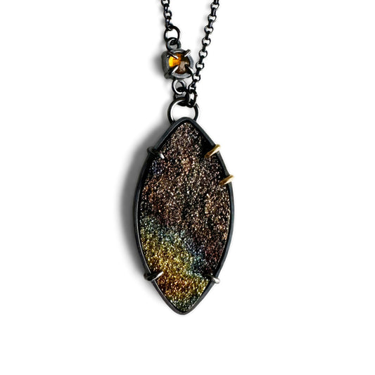 Rainbow Pyrite, Citrine, 18k gold and Sterling Silver Handmade Pendant Necklace